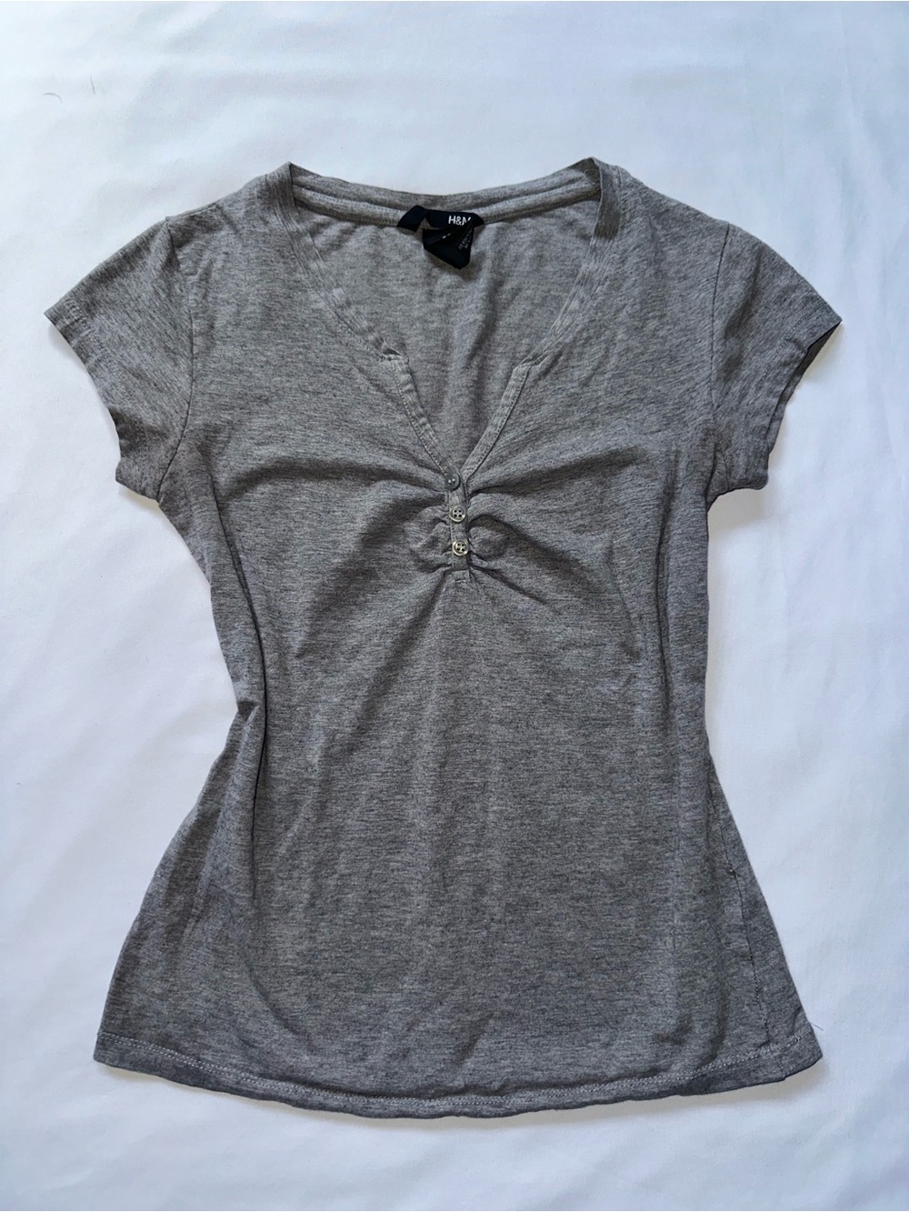 H&M Grey Short Sleeve Cinched-Front Tee with Henley Button Accents